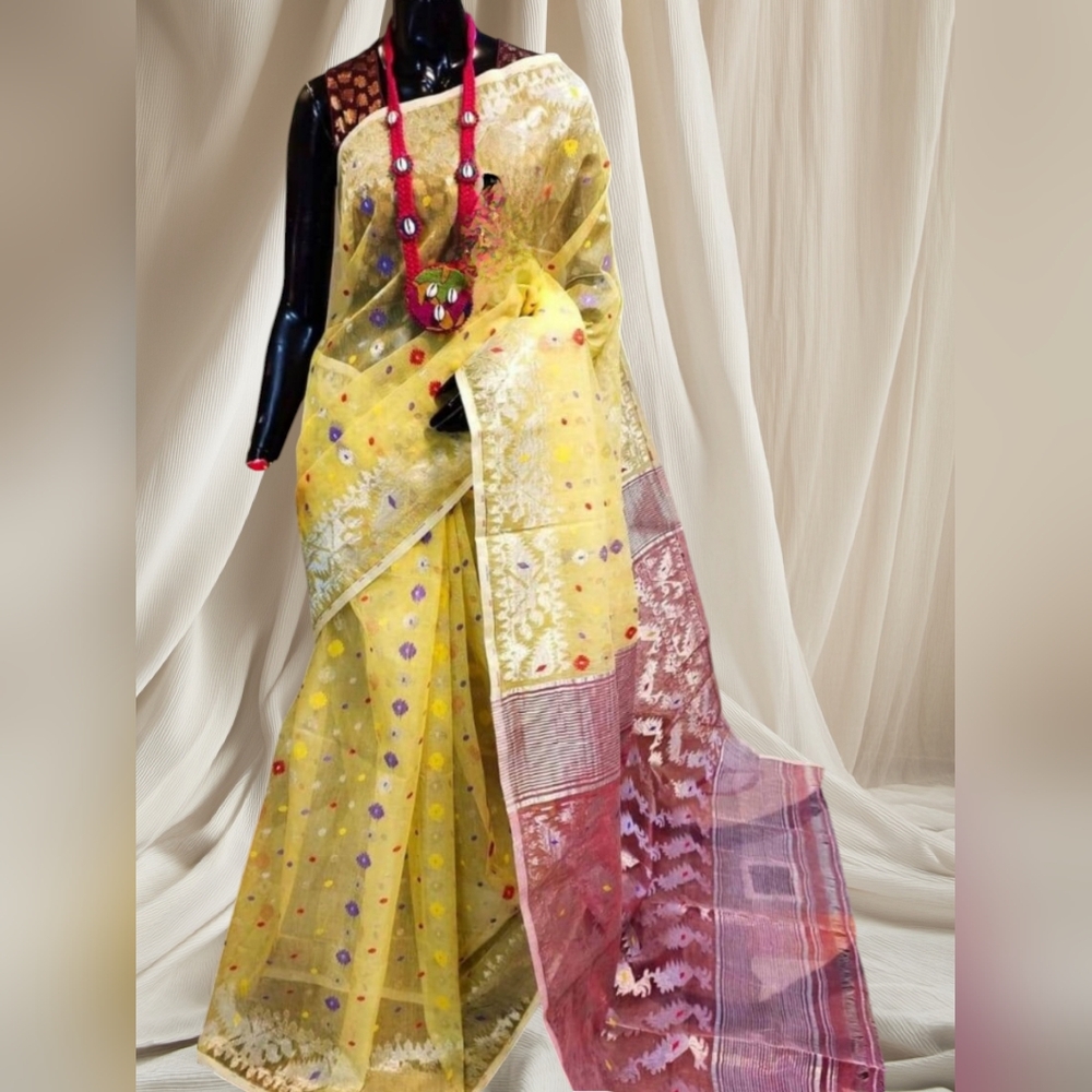 New yellow dhakai jamdani style of weaving  saree with blouse